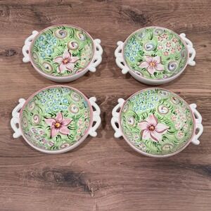 Vestal Alcobaca Portugal Hand Painted Floral Ceramic Bowls Set of 4 Green Pink